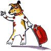 Cartoon dog with suitcase waving